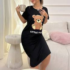 Black Nightgowns Shein Bear Letter Print Short Sleeve Pajama TShirt Dress Sleepwear Long Dress