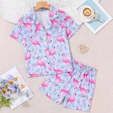 Övriga sets på rea Shein Tween Girls' Blue Simple Flamingo Printed Cardigan With Buttoned Short Sleeve Top & Shorts Casual 2pcs Home Outfit