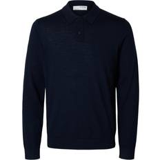 Boutons - Homme Pulls Selected Homme Pull Droit Col Polo En Laine Mérinos - Taille - Bleu