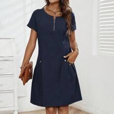 Shein Summer Casual Zipper Half-Placket Button Decor Double Pocket Short Sleeve Dress