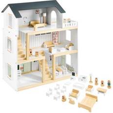 Puppenhaus Holz mit Möbeln und Zubehör 18-tlg Puppenvilla Puppenstube mit 3 Ebenen