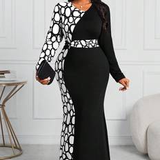 Shein Dresses Shein Plus Womens Business Professional Black White Color Block Geometric Pattern Slim Waist Mermaid Dress