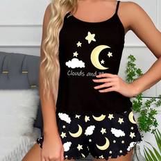 Silk Pajamas Shein Women Pajamas Sleepwear Pajama pcs Set Camisole Shorts Moon Cloud Print Scoop Neck Cami Top Backless Lettuce Trim Ice Silk Comfortable Casual