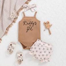 Brown Bodysuits Children's Clothing Shein Baby Girl Letter Printed Sleeveless Bodysuit And Daisy Printed Bloomers Cute Outfit