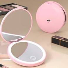 Makeup Shein Pocket Mirror, 1X/2X Magnification LED Compact Travel Makeup Mirror With Light For Purse, 2-Sided, Portable, Folding, Handheld, Small Lighted Mirror F
