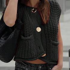 Shein Womens Loose Knit Vest With Double Pockets And SingleBreasted Metal Buttons