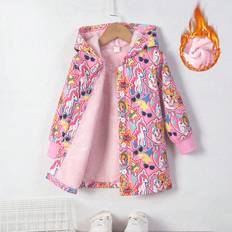 Hearts Outerwear Shein pc Young Girls Cute And Fun Unicorn Stars And Hearts Printed Jacket With Polar Fleece Lining Hooded Open Front Ribbed Cuffs And Hem Suitable For Daily