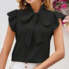3XL - Black Blouses Shein Womens Bow Tie Ribbon Cap Sleeve Elegant Blouse