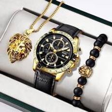 Shein Men Watch 3pcs/Set Men Black PU Casual Sport Wristwatch With Calendar, Luminous Second Hand And Lion Head Pendant Necklace Bracelet Set W