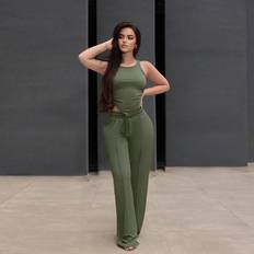 Flare Tank Tops Shein Solid Drawstring Tank Top Flare Leg Pants