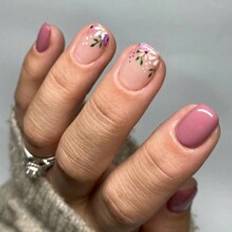 Nagelprodukter Shein Short Square Novelty Style Floral False Nails + 1pc Jelly Glue Nail File