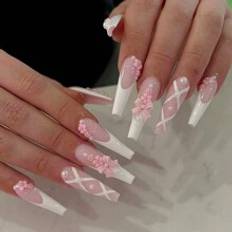 Nagelprodukter Shein Long Square False Nails, White French Manicure Nail Jelly Gel Nail