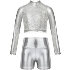 Silver Other Sets Children's Clothing Chictry Sold by: Girls Shiny Metallic Sports Suit Long Sleeve Crop Top with High Waist Shorts Modern Hip-hop Dance Outfit Set Silver