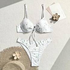 Shein Multifärgade Bikinis Shein Women Vacation Floral Printed Bikini Set With Front Tie Design, Two Pieces