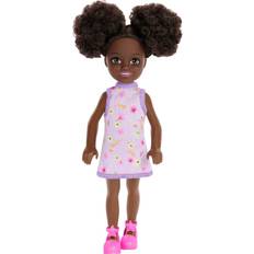 Leksaker Barbie Chelsea-docka, liten docka bär avtagbar lila blommig klänning och rosa skor med rymdbullar och bruna ögon