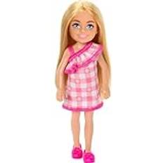 Barbie Chelsea-docka, liten docka bär avtagbar rutig klänning och rosa skor med blont hår och blå ögon