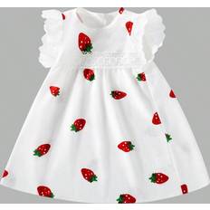 Shein Embroidered Strawberry Pattern Lace Trimmed Cap Sleeve Dress For Young Girls