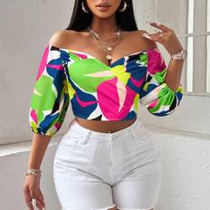 Short Blouses Shein Floral Print OffShoulder Puff Sleeve Cropped Blouse With Shirred Geometric Pattern Random Flower