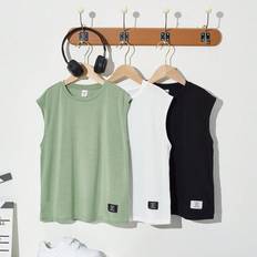 Polyester Tank Tops Children's Clothing Shein Tween Boy pcsSet Summer Knit Loose Fit Round Neck Letter Patched Tank Top