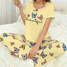 Shein Sleepwear Shein Butterfly Printed Ruffle Trim Round Neck Short Sleeve Top And Pants Womens Pajama Set