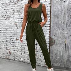 Shein Summer Sleeveless Solid Color Cinched Waist Jumpsuit For Casual Wear