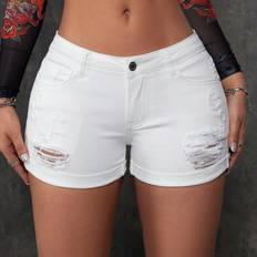 Shein Women Fashionable Summer Denim Shorts With Distressed Details Folded Hem And Slanted Pockets