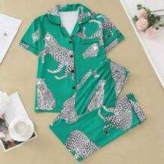 Blåa - Leopard Underkläder Shein Leopard Print Women's Pajama Set, Featuring Turn-Down Collar Short-Sleeve Top And Loose Fit Pants, Leisure Women's Sleepwear And Lounge Wear