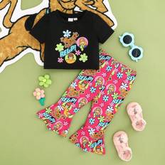 Pink Other Sets Shein Baby Girl Cool Black Casual Round Neck TShirt And Pink Cartoon Full Allover Print Flare Pants Set