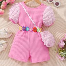 24-36M Jumpsuits Children's Clothing Shein Young Girls Short Sleeve Bubble Textured Jumpsuit With CrissCross Back And Package Bag