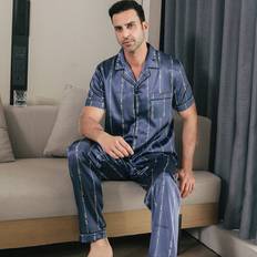 Men - Silk Underwear Shein Mens Pajama Set Long Pants Silk Sleepcoat Button Style Short Sleeved Cardigan Top Home Clothing Summer Two Piece Sets Loungewear