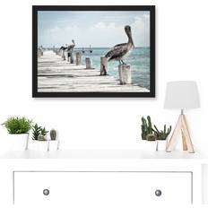 Highland Dunes Animal Photo Bird Pelicans Ocean Pier Blue;Grey Framed Art