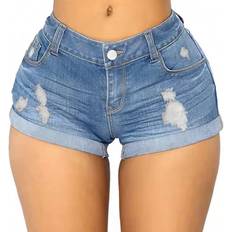 Shein Womens Distressed Cuffed Jean Shorts With High Waist Frayed Hem And Pockets