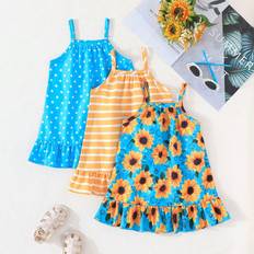 Shein Baby Girl Summer Holiday Style Sunflower Printed Cute Cami Dress Multicolored Piece Set