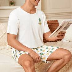 Men - White Pyjamas Shein Pineapple Printed Mens Casual Pajama Set White Set