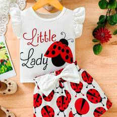 Girls Other Sets Shein Young Girl Classic Casual Ladybug Printed Soft Comfortable Breathable Short Sleeved TShirt And Shorts Set