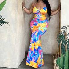 Long Dresses - Multicolored Shein Plus Tropical Holiday Printed Fitted Maxi Dress With Twist Front Detail And Fish Tail Hem