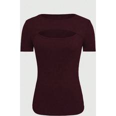 Shein Womens Summer Solid Color Slim Fit Round Neck Hollow Out Short Sleeve TShirt