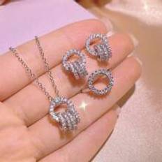 Silver Smyckesset Shein 4pcs/Set Interlocking Multi-Ring Necklace Earrings Ring Set, Suitable For Women For Various Occasions, Bridesmaid Wedding Dress Accessories, Gift For
