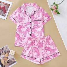L Pyjamas Shein Pink Leopard Print Womens Pajama Set Comfortable Short Sleeve ButtonUp Shirt And Loose Elastic Shorts Casual AllSeason Outdoor And Indoor Womens Sleep