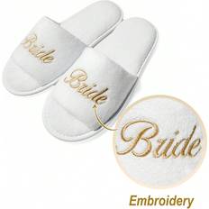 Gold - Women Slippers Shein Womens Gold Bride Embroidered Logo Open Toe White Coral Velvet Fabric Disposable Slippers Comfortable To Wear With Added Fluff Ideal For Weddings