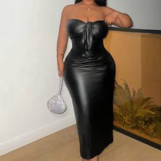 Clothing Shein Plus Elegant Party Cocktail Black Strapless TieNeck Bodycon PU Coated Dress For Women