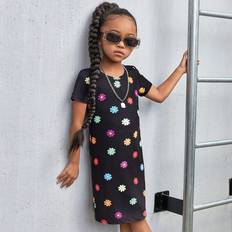 Elastane Dresses Shein Young Girl Knitted Printed Round Neck SlimFit Casual Dress