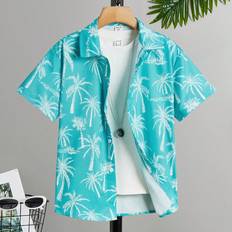 Buttons Shirts Shein Tween Boy Casual Coconut Tree Print TurnDown Collar Short Sleeve Woven Shirt For Vacation
