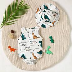 Florals Jumpsuits Children's Clothing Shein Baby Boys Casual Dinosaur Print Romper Hat Summer