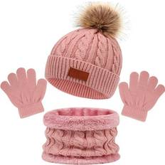 Accessories CN Sold by: Huanyou Co. Ltd, Knit Hat Scarf Gloves Set for Kids Winter Cute Children Boys Girls Beanie Hats Kniited Warmer，Dark pink