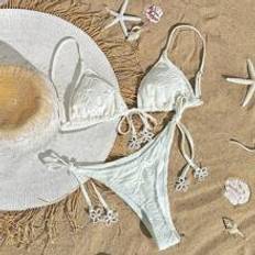 Vita Bikiniset Shein Summer Beach Solid Color Triangle Cup Bikini Set With Straps And Faux Pearl Decorations