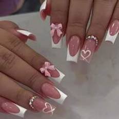 Nagelprodukter Shein 24pcs/Set Pink Bowknot & Colorful Rhinestone Designed French Medium-Length Jelly