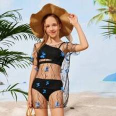 M Bikinis Barnkläder Shein Tween Girls' Bikini Swimsuit Set With Textured Hollow Out Design And Mesh Short Sleeve Cover Up