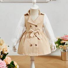 6-9M Jackets Shein Baby Girls Casual College Style Elegant Mesh Puff Sleeve Trench Coat With Lapel Collar Suitable For Autumn Outdoor Activities