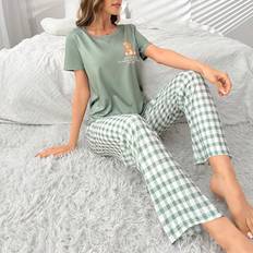 Camouflage Underwear Shein Bear Printed Short Sleeve Top With Grid Pants Sleepwear Set Pajama Set SpringSummer